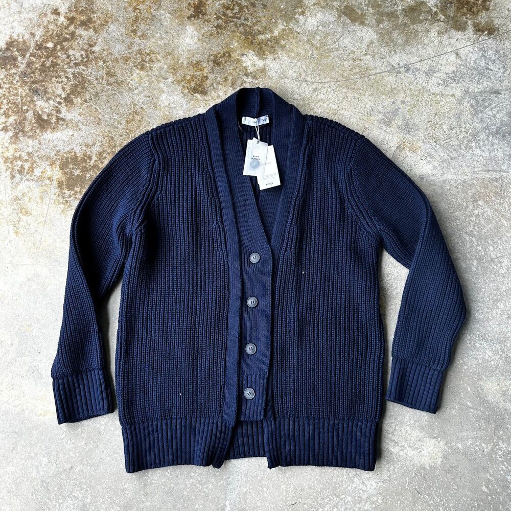 Mango MNG Women’s Wool Blend Cardigan Size M Navy Chunky Ribbed Shawl Collar NWT